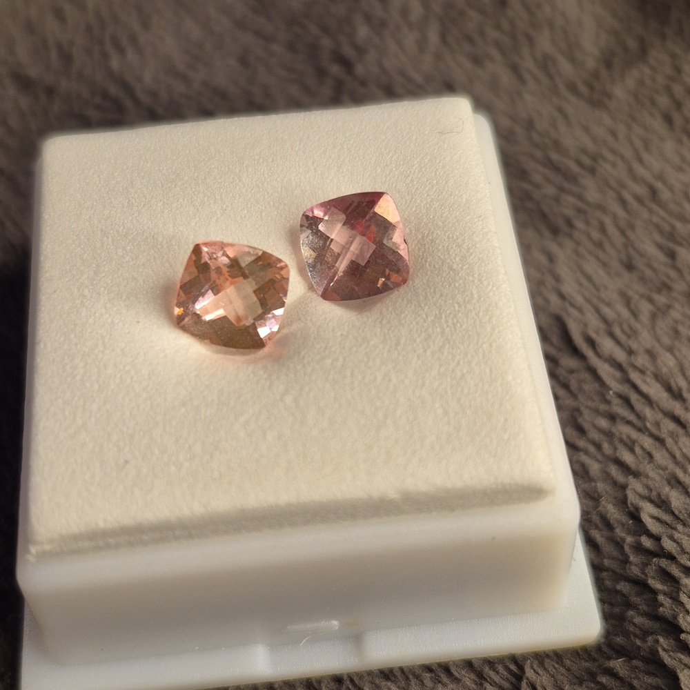 Pink Topaz pair 2.8 tcw square 7mm checkered cut